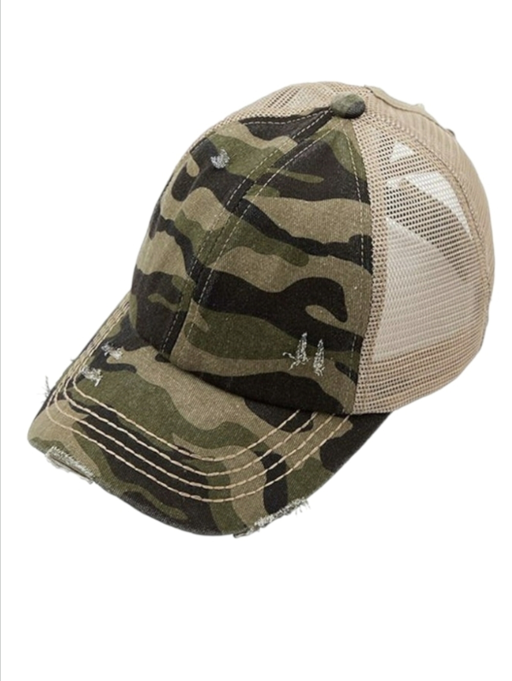 C.C Criss-Cross Pony Tail Baseball Cap, Olive Camouflage, NWT